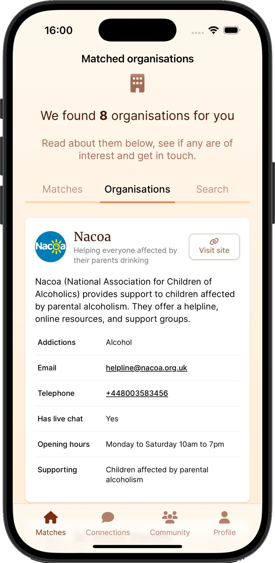 Organisations screen